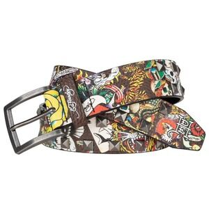 Ed Hardy Men's Skull Panther Print Brown Belt With Pyramid Rivet Studs Size 34